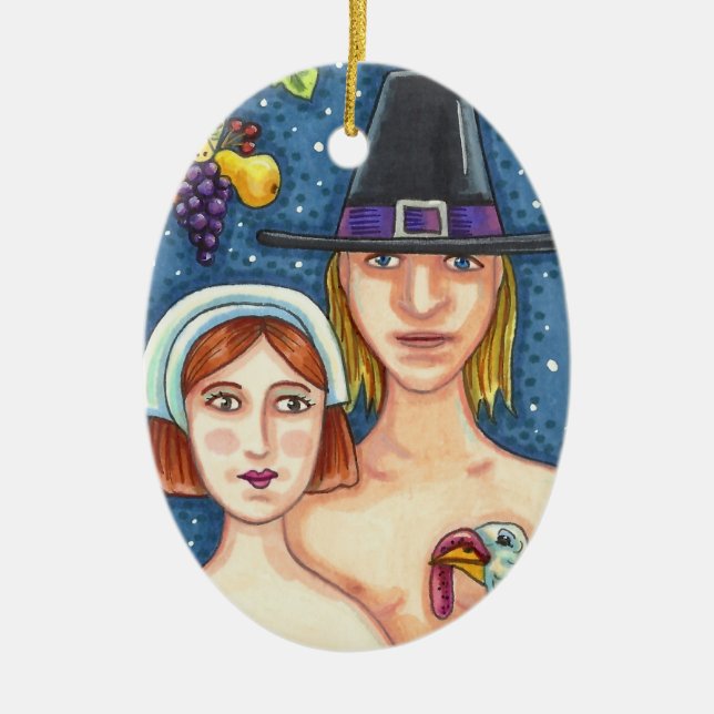 ADAM & EVE PILGRIMS ERNTEDANK HALTEN KERAMIK ORNAMENT (Vorne)