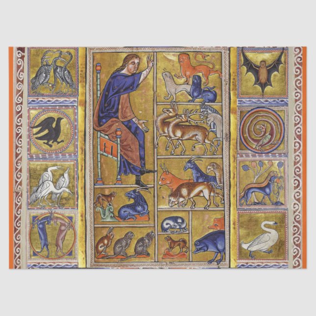ADAM NAMING TIERE, MEDIEVAL BESTIARY, HÄNDER,LIONE SEIDENPAPIER (Vorderseite)