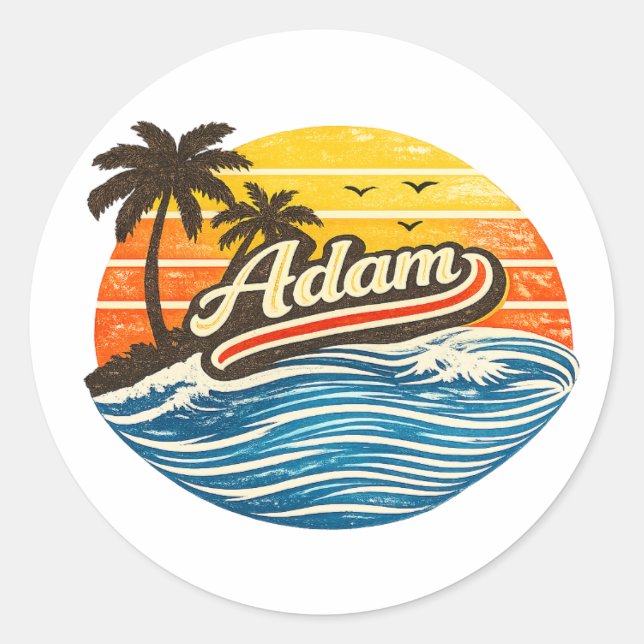 Adam Retro Sunset Name Design Runder Aufkleber (Vorderseite)