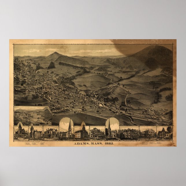 Adams Massachusetts 1882 Antique Panoramabalkarte Poster (Vorne)