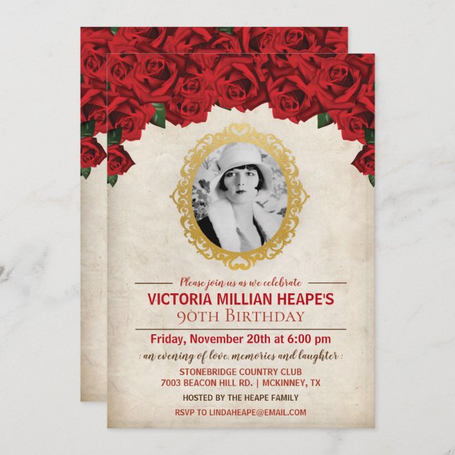 ADD FOTO - Rose Meilenstein Geburtstag Einladung (Vorne/Hinten)