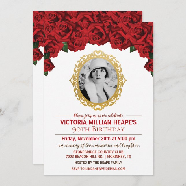 ADD FOTO - Rose Meilenstein Geburtstag Einladung (Vorne/Hinten)
