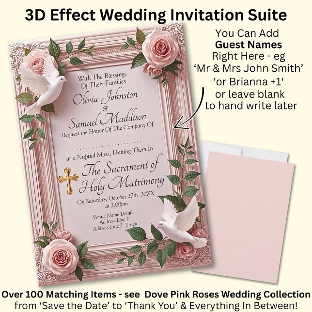 Add Guest Names, Doves and Pink Roses Invitation Einladung (Von Creator hochgeladen)