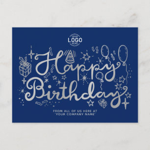 Add Logo Business Fun Doodle Silver Happy Birthday Feiertagspostkarte