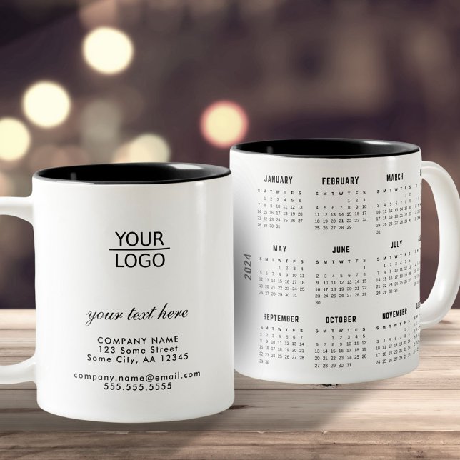 Add Logo Custom Text Company 2024 Calendar Zweifarbige Tasse (Von Creator hochgeladen)