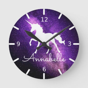 ADD NAME / Beautiful Unicorn Lila Space Runde Wanduhr