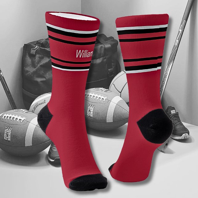 Add Name Black & Grey Stripes on Dark Red Socks Socken (Von Creator hochgeladen)