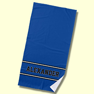 Add Name, Blue & White Nautical Stripes on Blue Strandtuch