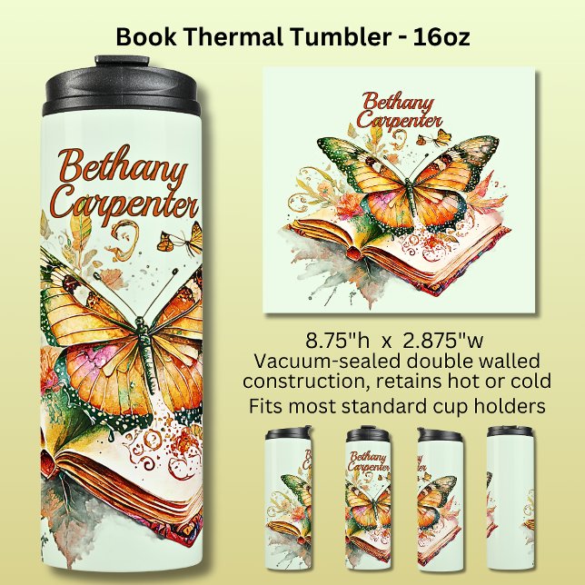 Add Name Butterfly & Book,  Thermosbecher (Von Creator hochgeladen)