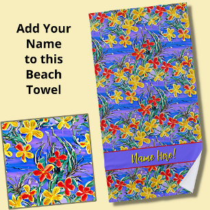 Add Name, Red & Yellow Flowers on Blue Strandtuch
