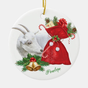 ADD NAME Saanen Goat with Holiday Spirit Keramik Ornament