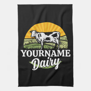 ADD NAME Sunset Dairy Farm Grazing Holstein Kuh Geschirrtuch