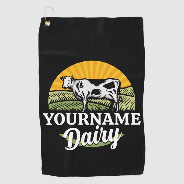 ADD NAME Sunset Dairy Farm Grazing Holstein Kuh Golfhandtuch (Vorderseite)