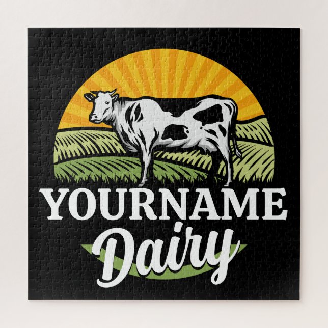 ADD NAME Sunset Dairy Farm Grazing Holstein Kuh Puzzle (Vertikal)