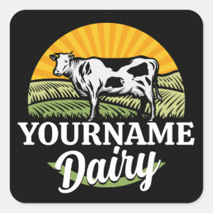 ADD NAME Sunset Dairy Farm Grazing Holstein Kuh Quadratischer Aufkleber