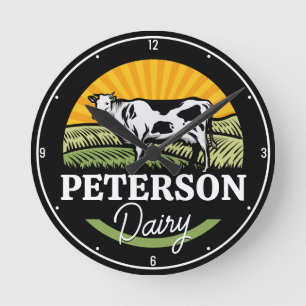 ADD NAME Sunset Dairy Farm Grazing Holstein Kuh Runde Wanduhr