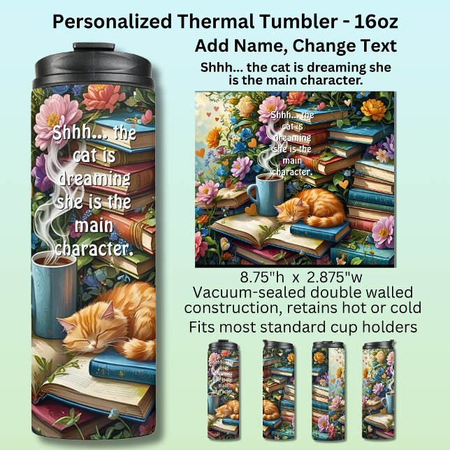 Add Text, Cat is Dreaming, Books, Coffee, Flowers Thermosbecher (Von Creator hochgeladen)
