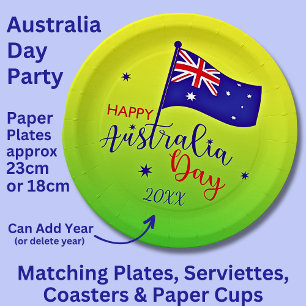 Add Year, Happy Australia Day Flag Green Gold 9" Pappteller