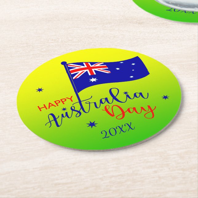 Add Year, Happy Australia Day Flag Green Gold Runder Pappuntersetzer (Angewinkelt)