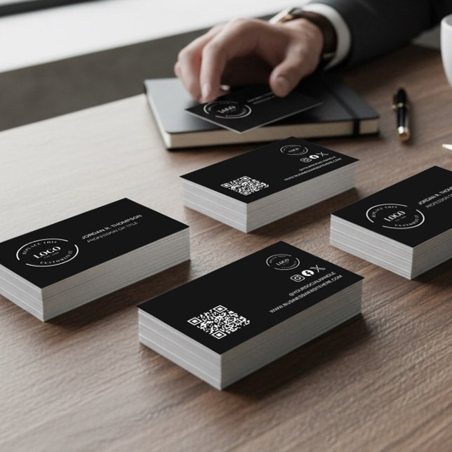 Add your custom logo QR code black Modern Design Visitenkarte (Modern minimalist black sleek business cards with logo, name, QR code, website and social handle.)