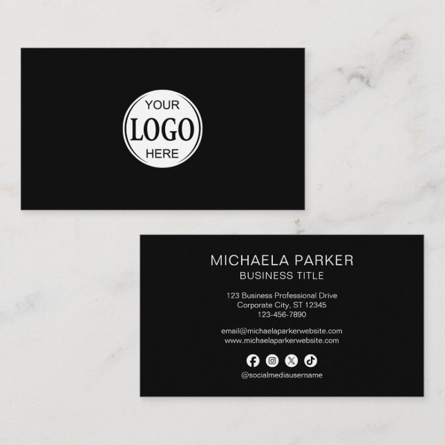 Add Your Logo Black Professional Social Media Visitenkarte (Vorne/Hinten)