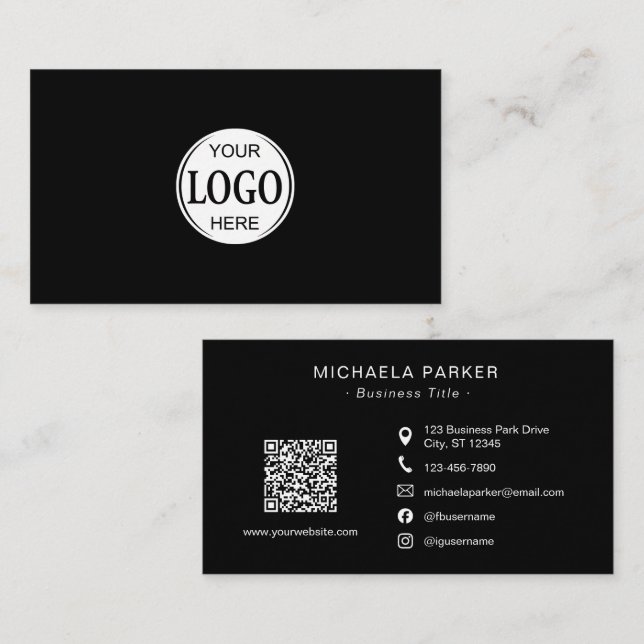 Add Your Logo Professional Minimalist Black  Visitenkarte (Vorne/Hinten)