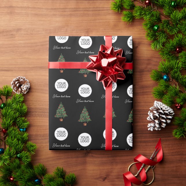Add your Logo Text Promotion Christmas Tree Black Geschenkpapier (Feiertagsgeschenk)