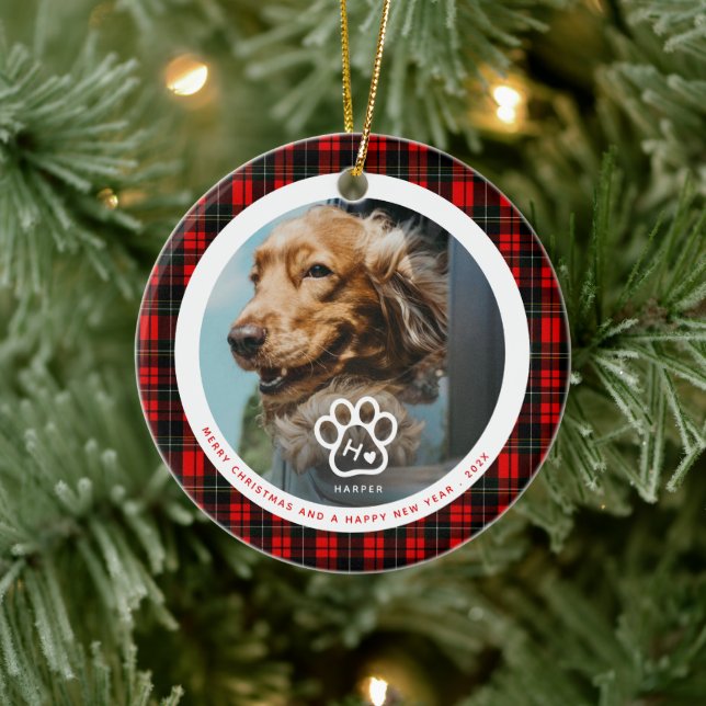 Add Your Own Dog Pets Photo Monogram Name Tartan Keramik Ornament (Baum)