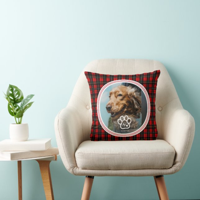 Add Your Own Dog Pets Photo Monogram Name Tartan Kissen (Stuhl )