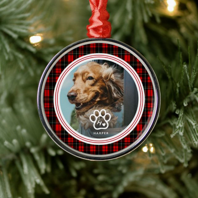 Add Your Own Dog Pets Photo Monogram Name Tartan Ornament Aus Metall (Baum)