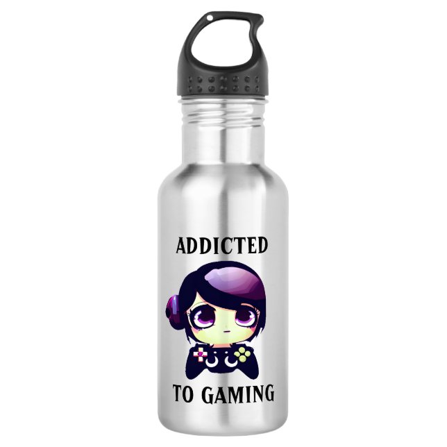 Addicted to Gaming Kawaii Girl Gamer Edelstahlflasche (Vorderseite)
