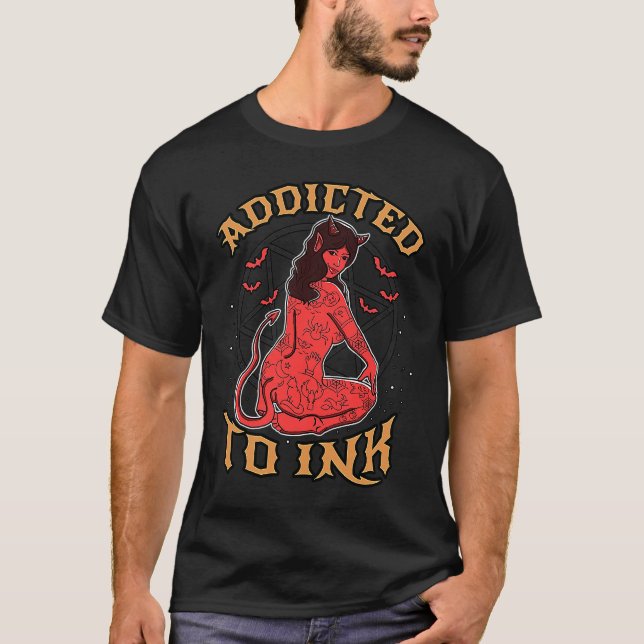 Addicted To Ink Hail Satan Devil Girl Tattoo T-Shirt (Vorderseite)