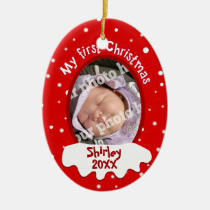 Addieren erstes Rot des Babys Weihnachtsihren Keramikornament