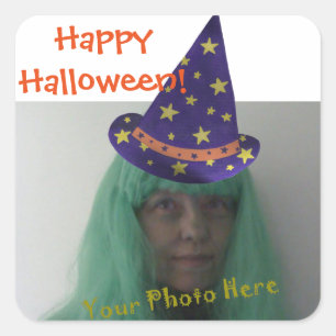 Addieren Sie Foto-Halloween-Zauberer-Aufkleber Quadratischer Aufkleber