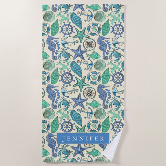 Addieren Sie Ihr Namens| aquamarines Strandtuch (Vorderseite)