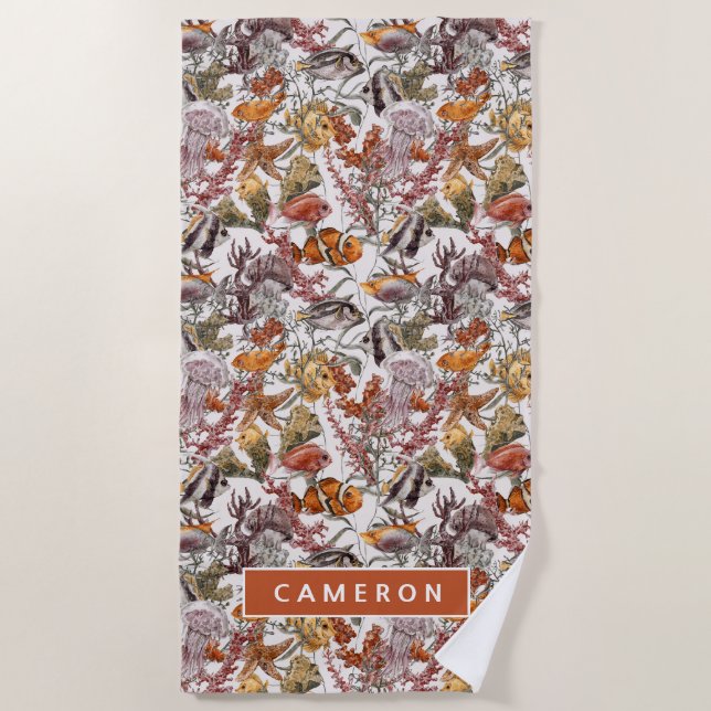 Addieren Sie Ihr Namens| Aquarell-Seeleben-Muster Strandtuch (Vorderseite)