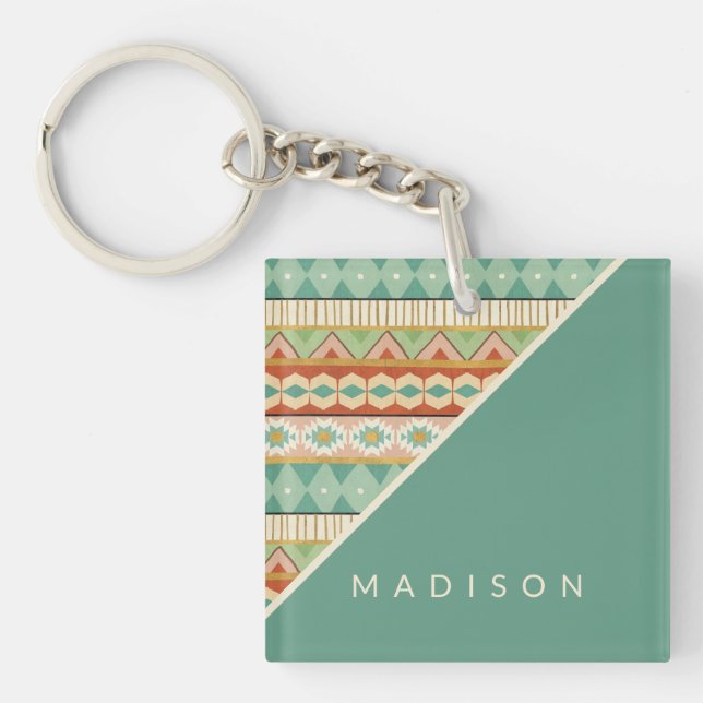 Addieren Sie Ihr Namens| Aquarell-Stammes- Muster Schlüsselanhänger (Vorderseite)