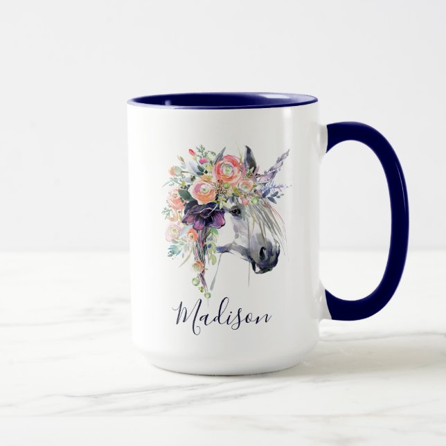 Addieren Sie Ihr Namens| gekleidetes BlumenEinhorn Tasse (Rechts)