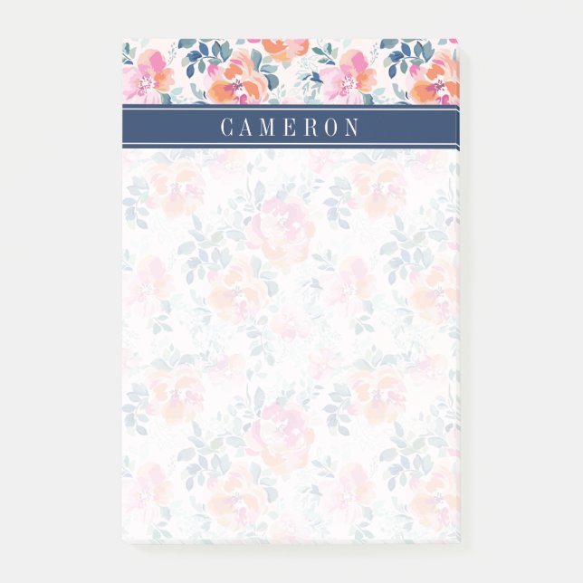 Addieren Sie Ihr Namens| gemaltes Rosen-Muster Post-it Klebezettel (Vorderseite)