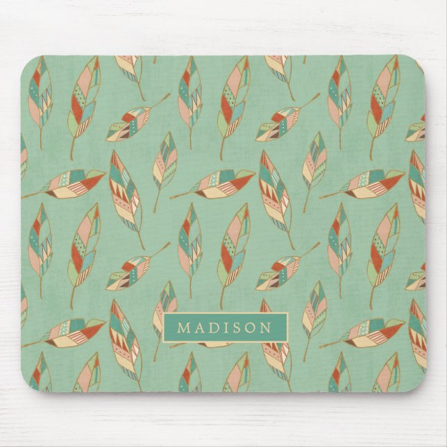 Addieren Sie Ihr Namens| grünes Feder-Muster Mousepad (Vorne)