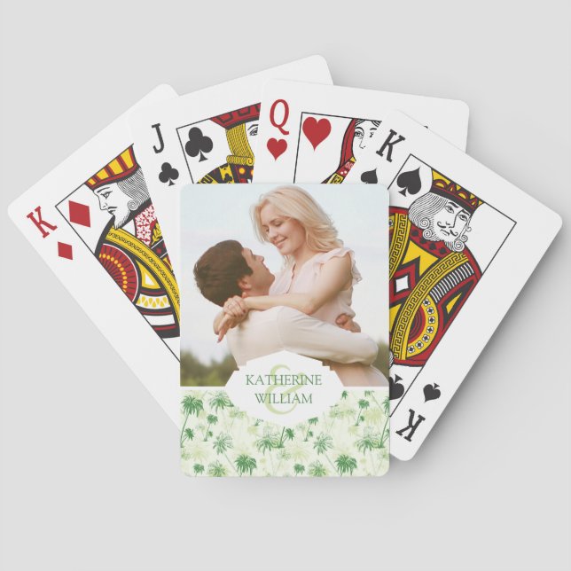 Addieren Sie Ihr Namens| grünes Palme-Muster Spielkarten (Rückseite)