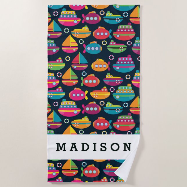 Addieren Sie Ihr Namens| Ozean-Transport-Muster Strandtuch (Vorderseite)