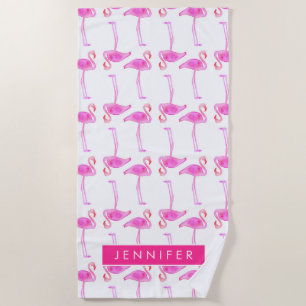 Addieren Sie Ihr Namens  rosa Flamingo-Muster Strandtuch