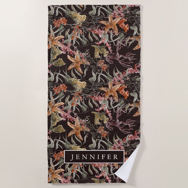 Addieren Sie Ihr Namens| schäbiges Seeleben-Muster Strandtuch (Vorderseite)