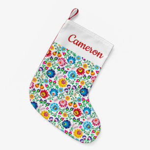 Addieren Sie Ihr Namens  Volkskunst-Blumen-Muster Kleiner Weihnachtsstrumpf