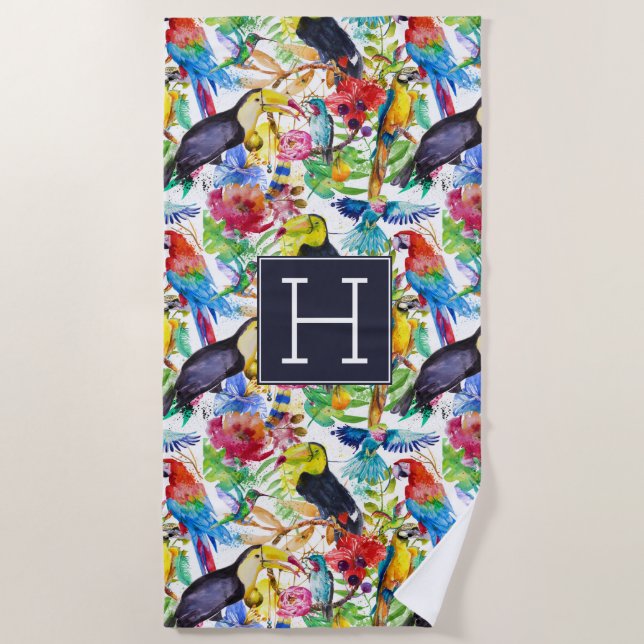 Addieren Sie Ihre bunten Aquarell-Papageien des Strandtuch (Vorderseite)