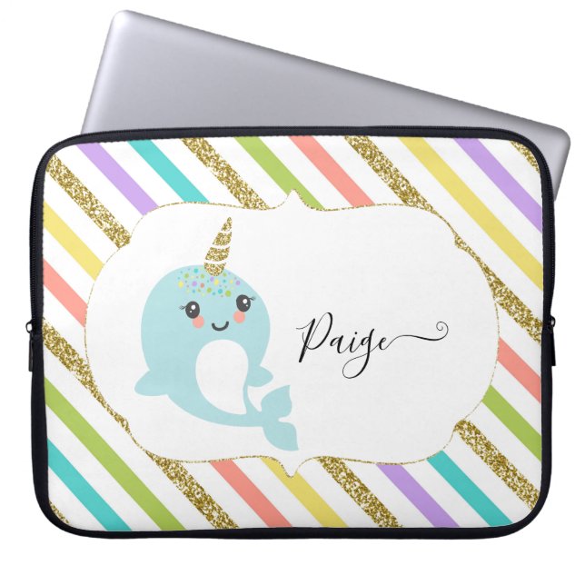 Addieren Sie personalisierten Regenbogen Narwhal Laptopschutzhülle (Vorderseite)