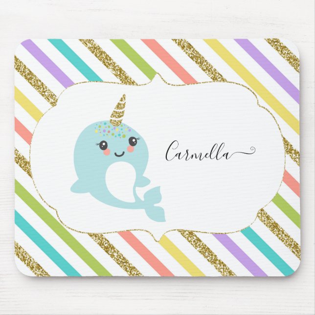Addieren Sie personalisierten Regenbogen Narwhal Mousepad (Vorne)