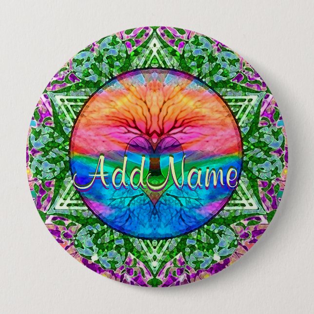 Addieren Sie Regenbogen-Herz-Baum des Namen-| Button (Vorderseite)