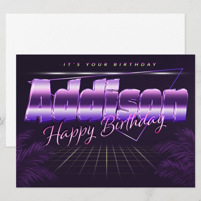 Addison Name Vorname lila retro Karte Geburtstag (Vorne/Hinten)